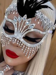 銀色羽毛鑲嵌鉆石流蘇面具,威尼斯女士派對化妝舞會面具,奢華水晶臉部珠寶,花式裝扮服裝眼罩