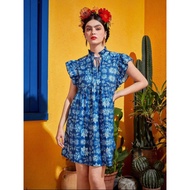 FRIDA KAHLO ALLOVER FLORAL PRINT TIE NECK RUFFLE TRIM SMOCK DRESS