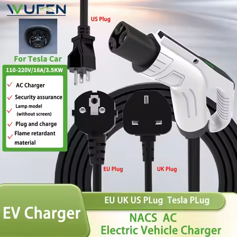 WUFEN NACS 3.5KW Portable EV Charger for Tesla Model 3/X/Y/S EVSE Fast Charging Cable US 5-15P/EU Sc