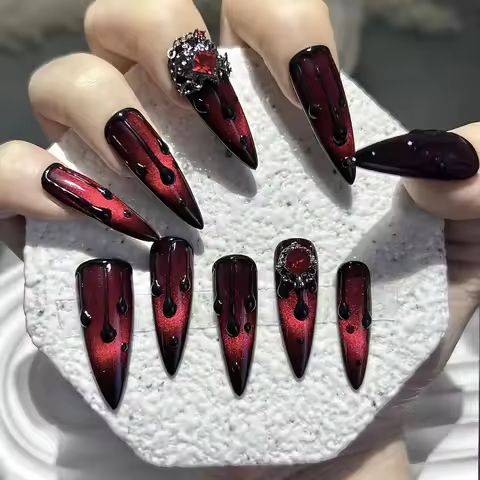 10PCS Dark Blood Red Gyaru Long Tip Handmade Press On Nails Retro Red Diamonds Cat Eye Glitter Fake