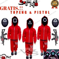 MERAH Red Squid game Costume FREE MASK AND Gun
