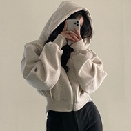 Fy🍁เสื้อโค้ทแขนยาวมีฮู้ดซิปด้านบนสีทึบทรงหลวม (มีไซส์ใหญ่)