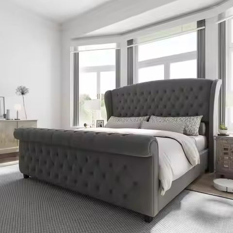 California King Size Platform Bed Frame, Velvet Upholstered Sleigh Bed with Scroll Wingback Headboar