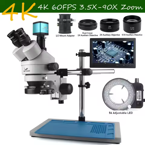 3.5-90X Zoom Trinocular Stereo Microscope Set + 2K 4K 48MP 55MP HDMI USB Video Camera + 1X 0.5X 2X A