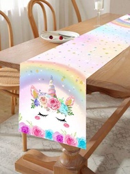 1個粉色彩虹獨角獸聚酯桌布桌旗,女孩生日慶祝、嬰兒淋浴、成年禮、婚禮、家庭假日派對室內桌面裝飾用品桌跑