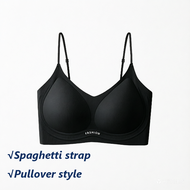 Maniyun Ribbed Spaghetti Strap Bra Seamless Fixed Cup Soft Support Breathable Non-wired Seamless Pul