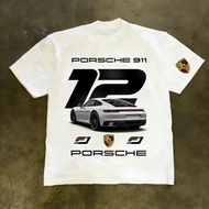 PORSCHE White Short Sleeve, 911 Sports Car Pattern, 718, turbo Racing Style Breathable T-Shirt