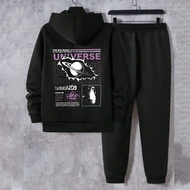 Plus Size Men New Hoodie Sweatsuit Set, Street Fashion Emo Pattern Band T-Shirts Basketball Outfit, 