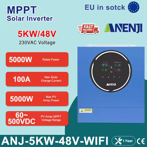 ANENJI 5KW 48V Hybrid Solar Inverter pure sine solar inverter dual output inverter 230V 100A MPPT So