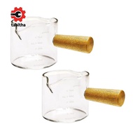 2Pcs Double Spouts Espresso Shot Glasses Measuring Glass Espresso Cups Cookware with Wood Handle for