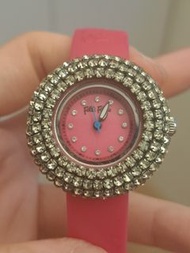 (二手近全新)Folli Follie 設計感 桃紅矽膠錶帶 水鑽錶面 手錶