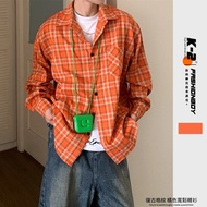 [K-2] American Retro Orange Checked Shirt Long Sleeve Y2K Loose Pocket K [JF507]