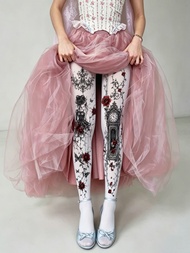 Vintage Clock Print Tights for Women - Cute Fashion Gothic Y2K Stockings - Antique Watch Pattern Leg