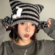 Y2K Cute Star Devil Knitted Beanie Hat Ins Skullies Striped Knitting Wool Cap Autumn Winter Cat Ears Pointed Pullover Women Hats jiazhuo