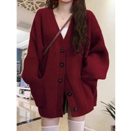 Jacket Miuna loose red cardigan, Korean fashion style plain red cardigan