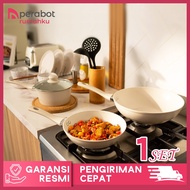 Bundle Panci 3 in 1 Putih Wajan Penggorengan Keramik Anti Lengket Isi 3 Pcs Dengan Tutup Kaca Bening
