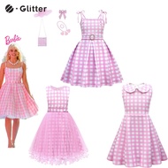 Movie Barbie Dress for Kids Girl Margot Robbie Pink Plaid Suspender Princess Costume for Baby Girls 