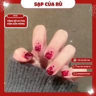 [D135] Fake nails set of 24 SHORT red nails with red jelly gel polish for nail art at home for women