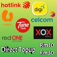 RM10 RM30 Topup Reload Telco (Hotlink / Celcom / Digi / U Mobile / XOX / Tune Talk / Red One