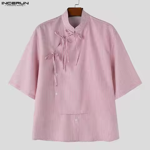 INCERUN Men Striped Shirt Stand Collar Half Sleeve Lace Up Men Clothes Streetwear Vintage 2026 Loose