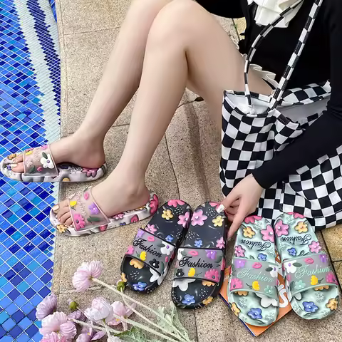 Women Slippers Fashion Flower Flip Flops Women Shoes Thick Sole Home Bathroom Non-Slip EVA Sandals B