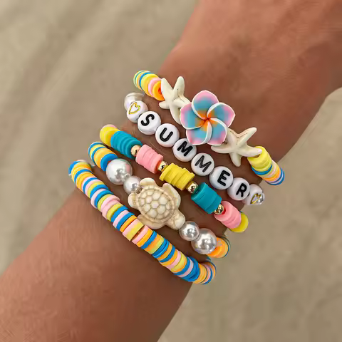 Ingemark 5Pcs/Set Romantic Tiny Flower Plastic Turtles Chain Bracelets Women Boho Polymer Clay Charm