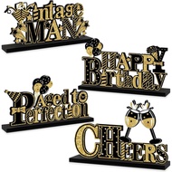4 Pieces Vintage Men Happy Birthday Decorations Table Centerpieces for Adult, Black Gold Aged to Per