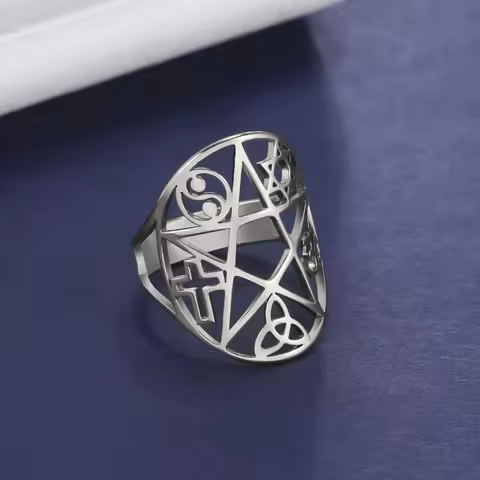 Skyrim Amulet Pentacle Pentagram Ring Stainless Steel Triquetra Cross Star of David Yin Yang OM Symb