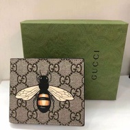 Gucci ‎451268 蜜蜂GG Supreme帆布短夾/錢包 米色/烏木色