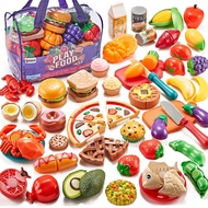 Pretend Play Food for Kids Kitchen - 78Pc Cutting Toy Food with Storage Bag, Food Toys with Veggies,