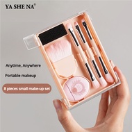All-in-One Makeup Brush Set - 8 in 1 Travel Essentials with Sliding Case, 5pcs Soft Brushes for Foun