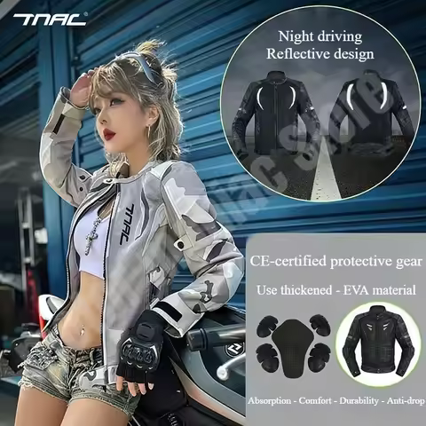 TNAC Women Summer Motorcycle Jacket Mesh Breathable Anti-fall Camouflage Reflective Motocross Riding