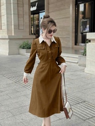 Đầm sơ mi chất vải nhung tay dài cài nút phối váy suông basic style Hàn Quốc tôn dáng
