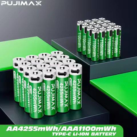 PUJIMAX 4255mWh+1100mWh 48/24/12/8 Combination Pack of 1.5V AA + AAA Rechargeable Lithium Batteries.