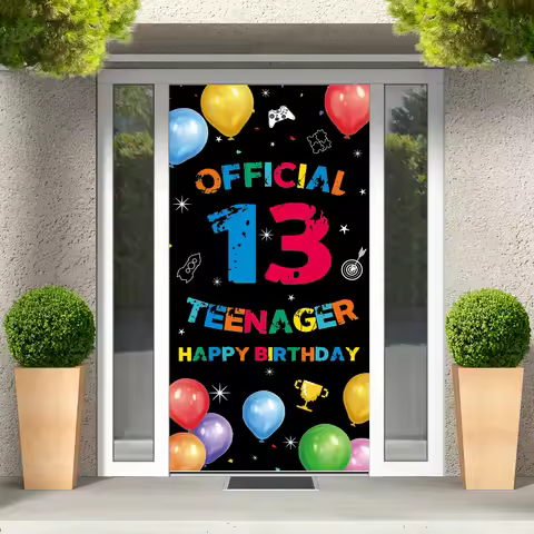 An official 13th birthday banner for teenagers, a happy 13th birthday decoration, and a black and wh