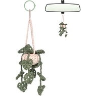 DICHA Crochet Hanging Plant - Aksesori Kereta Estetik untuk Wanita - Daun Cermin Pandang Belakang