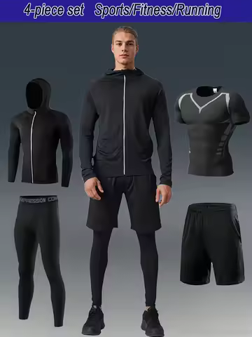 Men's 4 piece compression sports suit, stretch fitness and basketball gear, suitable for all season 