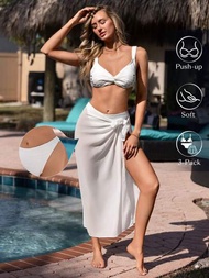 SHEIN Swim Chicsea Conjunto De Traje De Baño De Bikini Con Textura De Detalle Retorcido Para Mujer Con Falda De Baño Lateral Anudada Para Cubrir La Boda