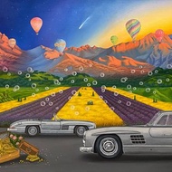 Lightness, original oil painting, Mercedes SL300 car, landscape farm, nature art