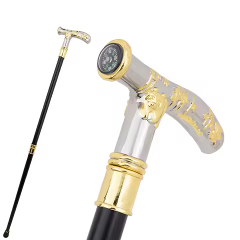 White Golden Panda Compass Walking Cane Stick Gentleman Elegant Cosplay Cane Knob Crosier Performanc