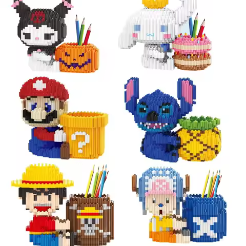 Linkgo Sanrio Building Block Pen Holder Luffy Stitch Chopper Pochacco Kuromi DIY Assembly Super Mari