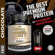 Vital Whey Advance Halal 1kg, 24g Protein Isolate+ Tribulus,Tongkat Ali,Guarana,0g Gula BCAA+SHAKER-