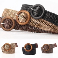 Straw Wide Belt Women Boho Braided Waist Belt Retro Wooden Round Buckle Female Belt