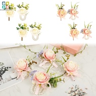 4Pcs Wedding White Corsage and Boutonniere Set Artificial Rose Wrist Corsage Bracelets for Anniversa