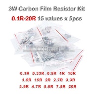 15values*5pcs=75pcs 3W Carbon Film Resistor Resistance Assorted Kit 5% 0.1 ohm-20 ohm 0.1R 0.33R 0.5