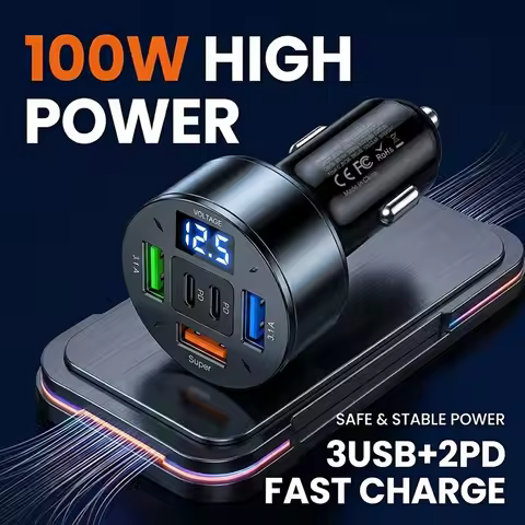 100W Car Charger 5-Port Fast Charging Auto Adapter with LED Voltage Display 3 USB A 2 PD Type C For 