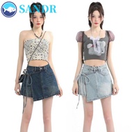 SANDR A-line Skirt Shorts, Lace-up High Waist Fake Two-piece Skirt, Chic Spicy Girl Style Y2K Wide L