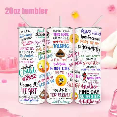 1pc Stainless Steel Water Bottle/Cup with Colorful Emoji and Text Background Pattern — 20oz (591ml)