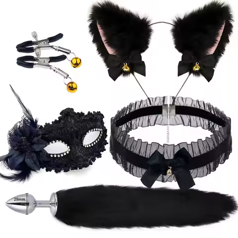 5 In 1 Fox Tail Butt Plug Set Cat Ears Headband Choker Ball Gag Nipple Clamps BDSM Cosplay Pet Play 