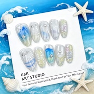 3D Gel Seashell Sheer Almond Glass Bead Cat Eye Press On Nails Exquisite Reusable False Nails